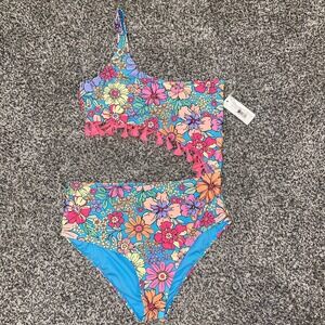 Beach Lingo Girls Youth Size 16 One Shoulder Swimsuit Fringe Floral Aqua Pink